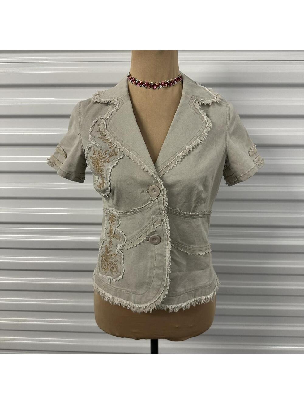 Y2k Tan distressed short sleeve button up mini jacket with frayed hem and collar